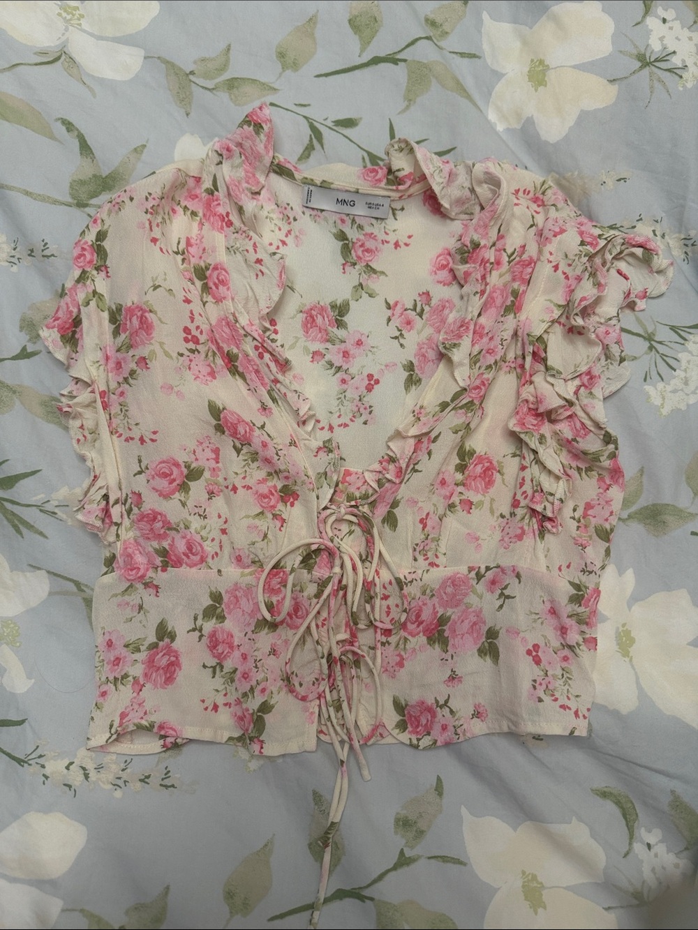 Mango Pink Floral Tie-Front Ruffle Crop Top